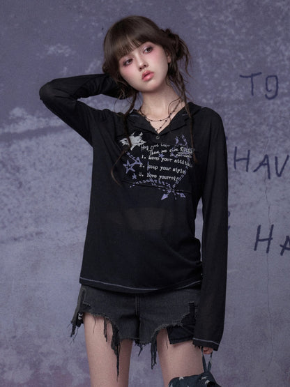 Mesh Graffiti Print Hooded T-Shirt【s0000016317】