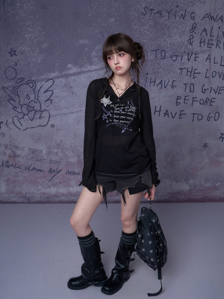 Mesh Graffiti Print Hooded T-Shirt【s0000016317】
