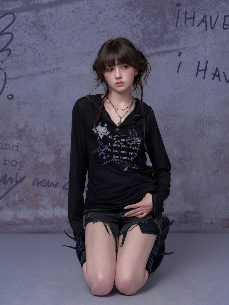 Mesh Graffiti Print Hooded T-Shirt【s0000016317】