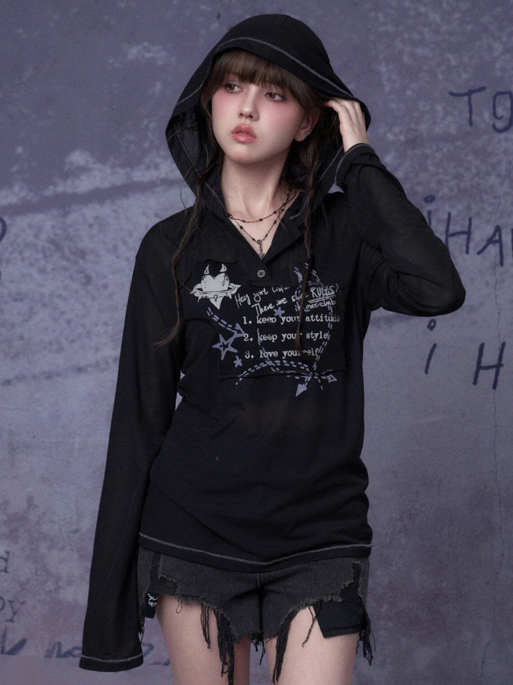 Mesh Graffiti Print Hooded T-Shirt【s0000016317】