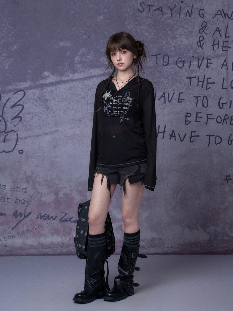 Mesh Graffiti Print Hooded T-Shirt【s0000016317】