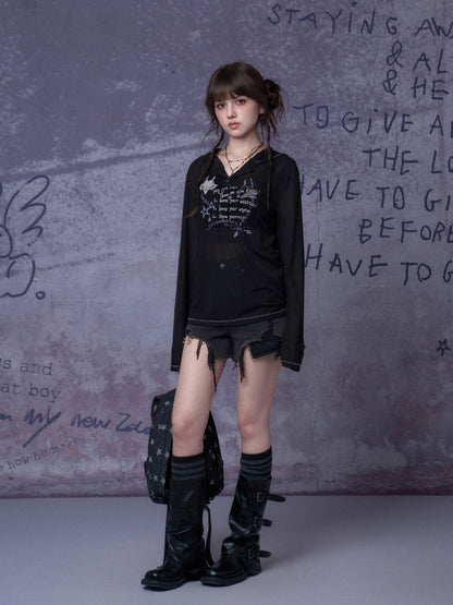 Mesh Graffiti Print Hooded T-Shirt【s0000016317】