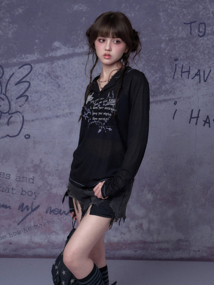 Mesh Graffiti Print Hooded T-Shirt【s0000016317】