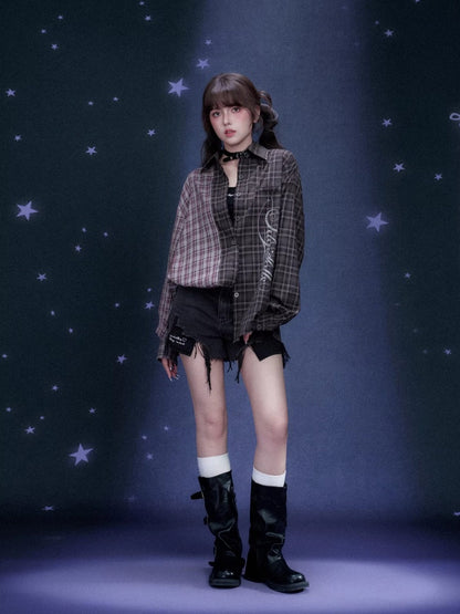 Loose Plaid Asymmetrical Patchwork Shirt【s0000016318】