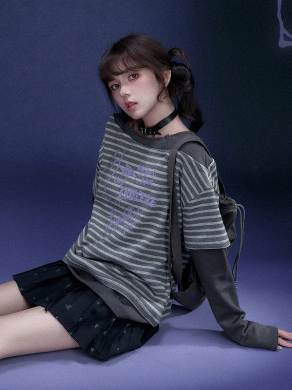 Stripe Graffiti Print Faux Layered Loose T-Shirt【s0000016319】