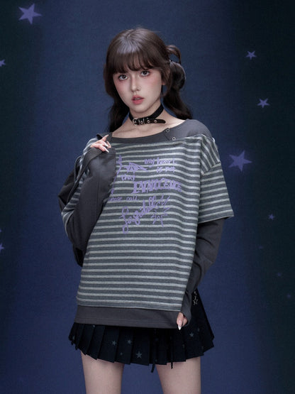 Stripe Graffiti Print Faux Layered Loose T-Shirt【s0000016319】