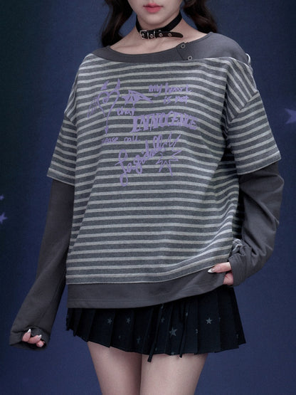 Stripe Graffiti Print Faux Layered Loose T-Shirt【s0000016319】