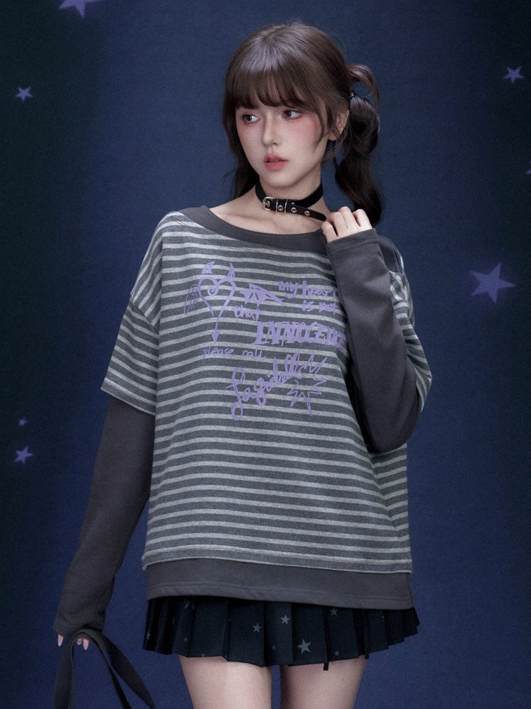 Stripe Graffiti Print Faux Layered Loose T-Shirt【s0000016319】