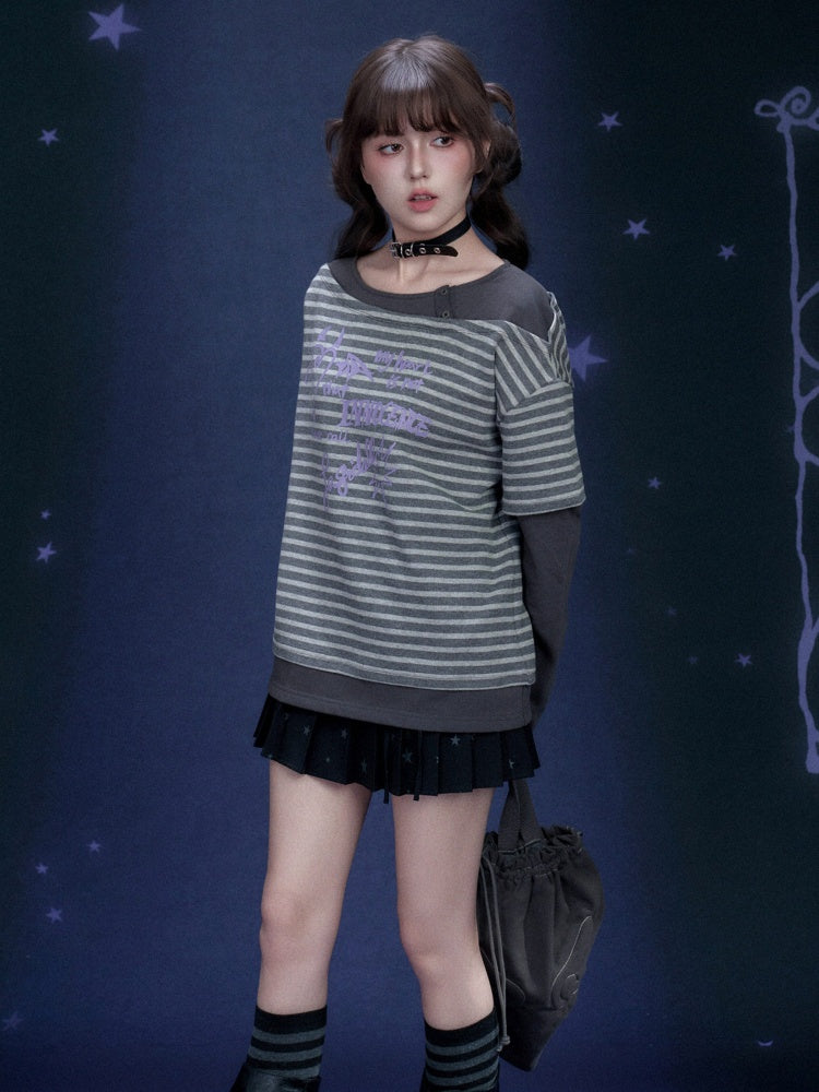 Stripe Graffiti Print Faux Layered Loose T-Shirt【s0000016319】