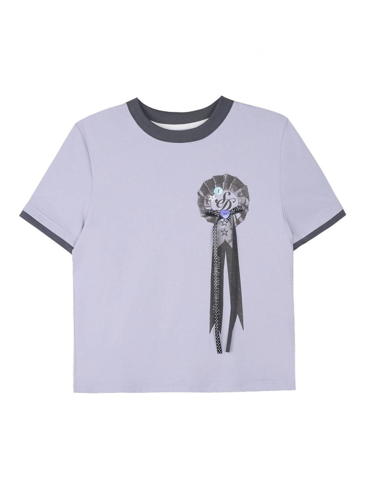 Corsage Ribbon Crew Neck Short Sleeve T-Shirt【s0000016320】