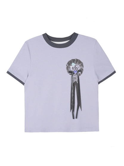 Corsage Ribbon Crew Neck Short Sleeve T-Shirt【s0000016320】