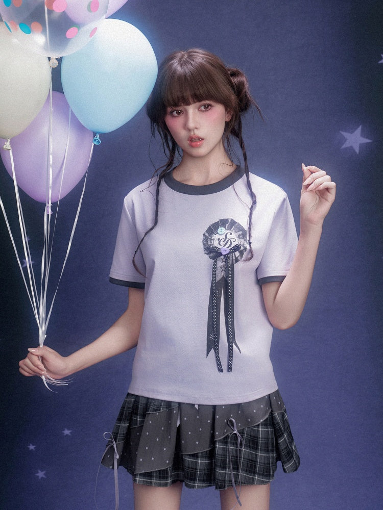 Corsage Ribbon Crew Neck Short Sleeve T-Shirt【s0000016320】