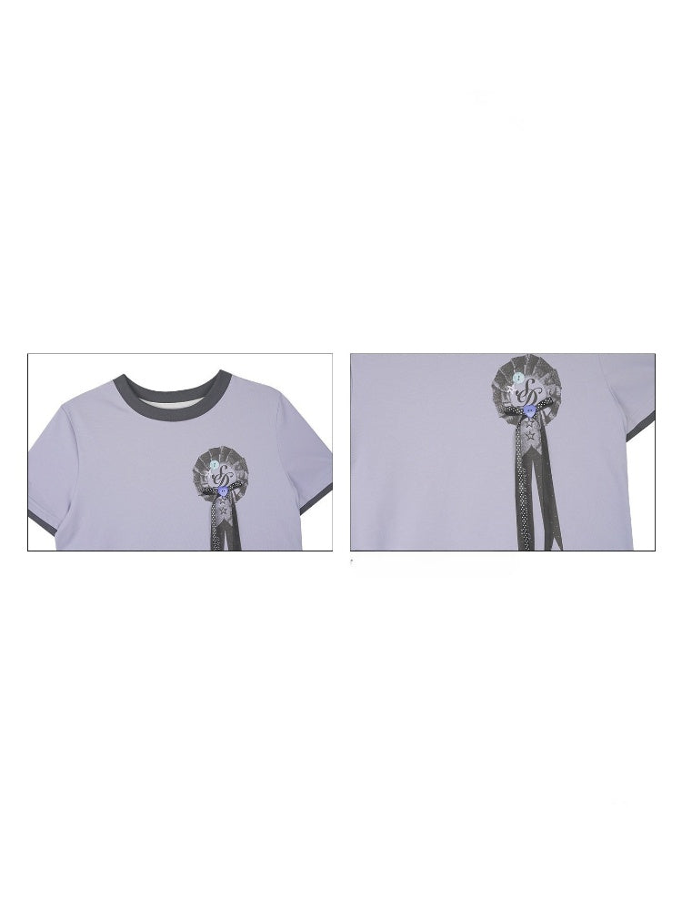Corsage Ribbon Crew Neck Short Sleeve T-Shirt【s0000016320】