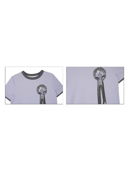 Corsage Ribbon Crew Neck Short Sleeve T-Shirt【s0000016320】