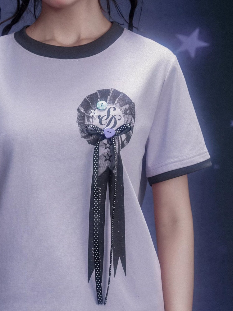 Corsage Ribbon Crew Neck Short Sleeve T-Shirt【s0000016320】
