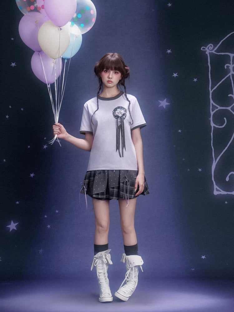 Corsage Ribbon Crew Neck Short Sleeve T-Shirt【s0000016320】