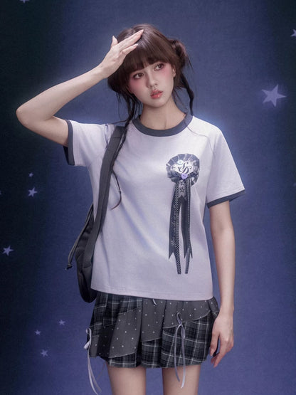 Corsage Ribbon Crew Neck Short Sleeve T-Shirt【s0000016320】