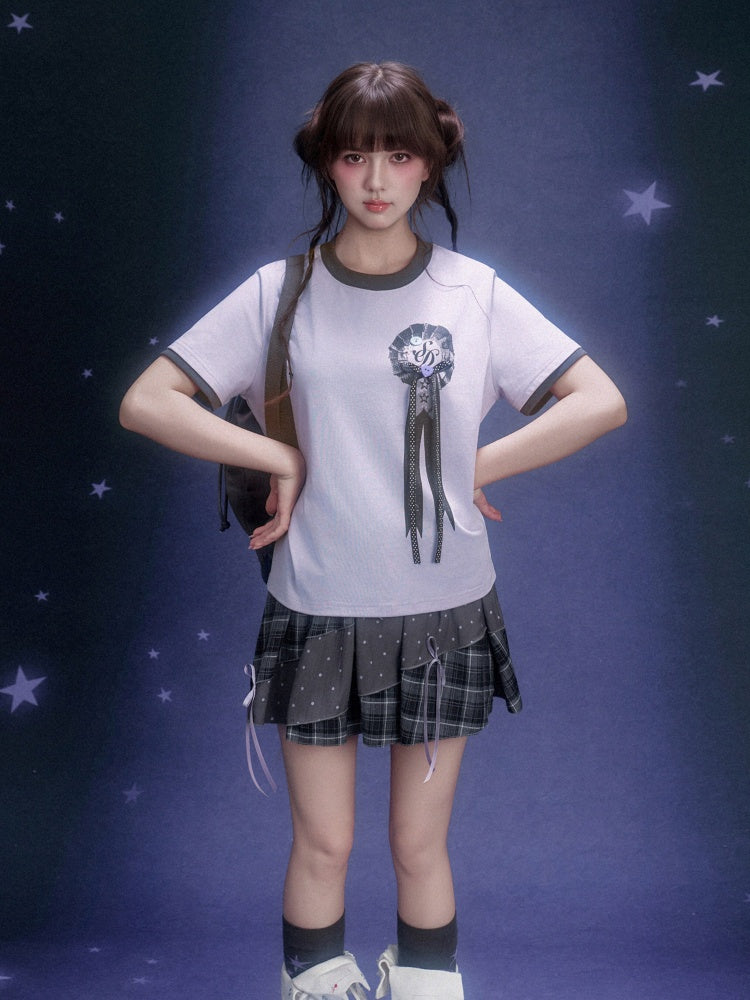 Corsage Ribbon Crew Neck Short Sleeve T-Shirt【s0000016320】