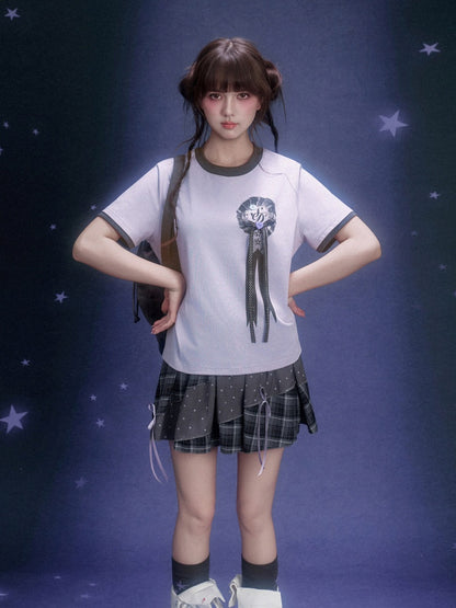 Corsage Ribbon Crew Neck Short Sleeve T-Shirt【s0000016320】