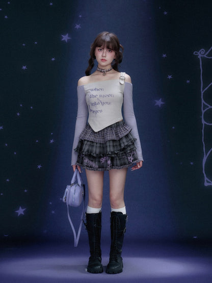 Off-Shoulder Long Sleeve Triangle Hem T-Shirt【s0000016321】