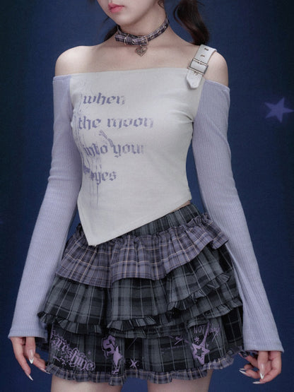 Off-Shoulder Long Sleeve Triangle Hem T-Shirt【s0000016321】