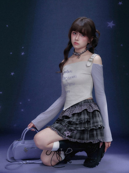 Off-Shoulder Long Sleeve Triangle Hem T-Shirt【s0000016321】