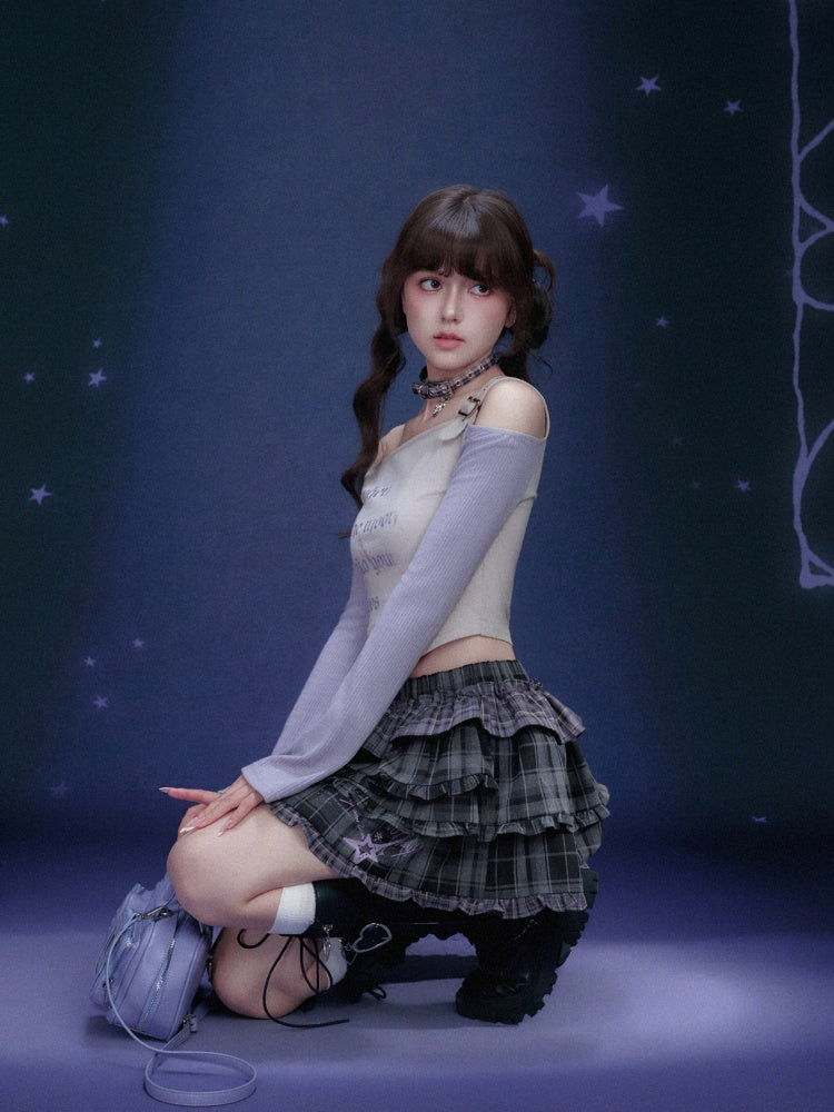 Off-Shoulder Long Sleeve Triangle Hem T-Shirt【s0000016321】