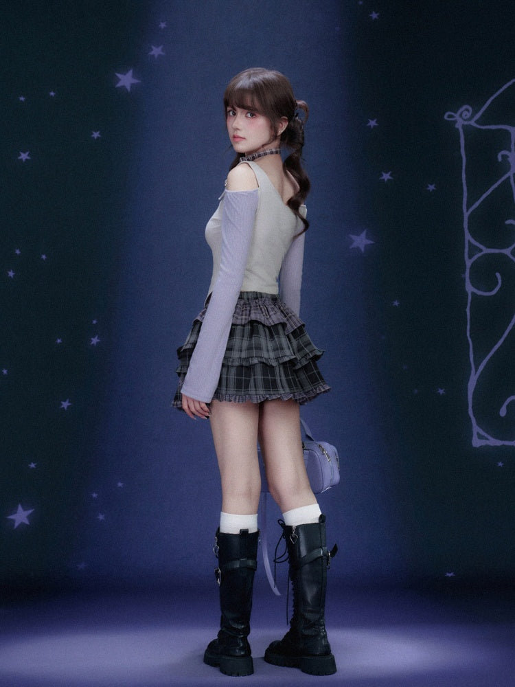 Off-Shoulder Long Sleeve Triangle Hem T-Shirt【s0000016321】