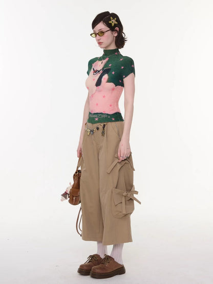 Cargo Pocket Bow Cropped Straight Leg Pants【s0000016324】