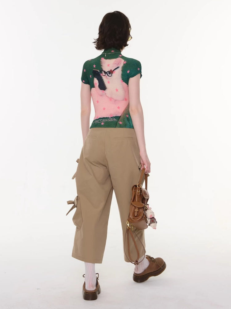 Cargo Pocket Bow Cropped Straight Leg Pants【s0000016324】
