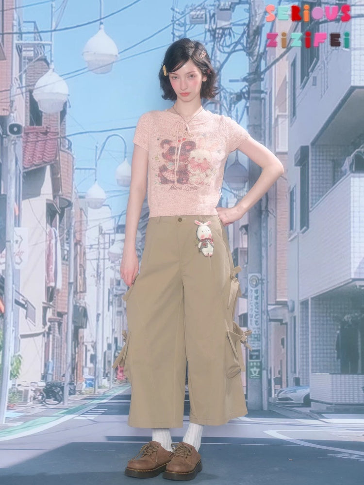 Cargo Pocket Bow Cropped Straight Leg Pants【s0000016324】