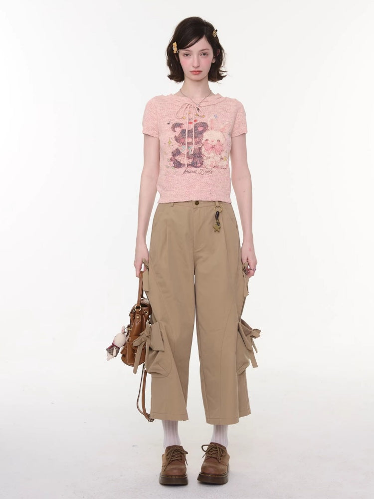 Cargo Pocket Bow Cropped Straight Leg Pants【s0000016324】