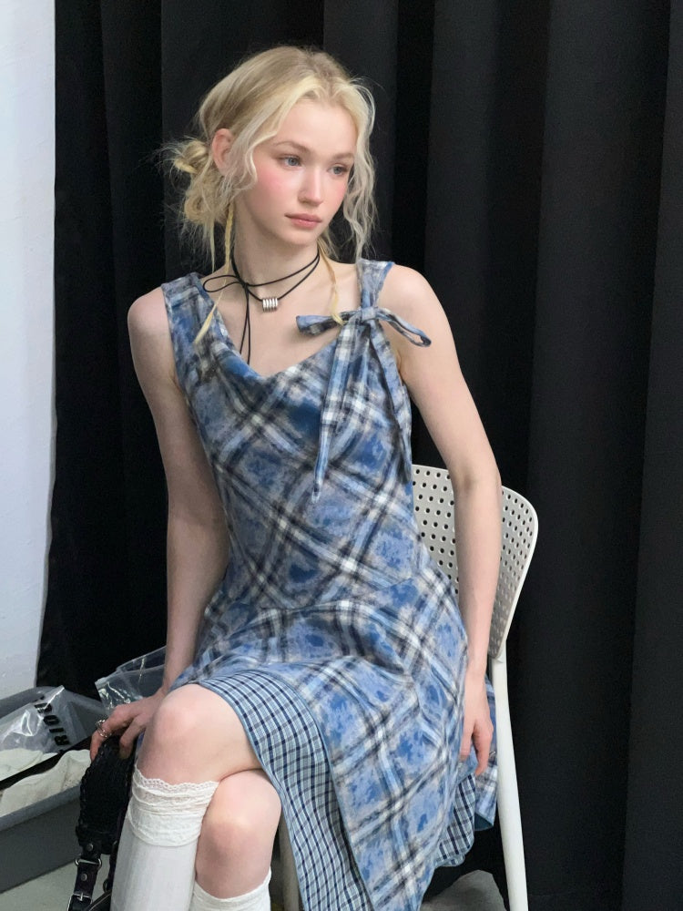 Irregular Waist Slimming Plaid Camisole Dress【s0000016325】