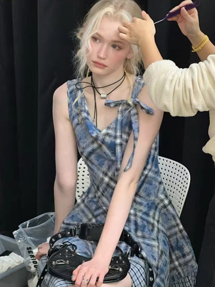 Irregular Waist Slimming Plaid Camisole Dress【s0000016325】