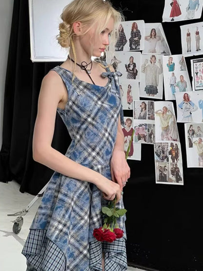 Irregular Waist Slimming Plaid Camisole Dress【s0000016325】