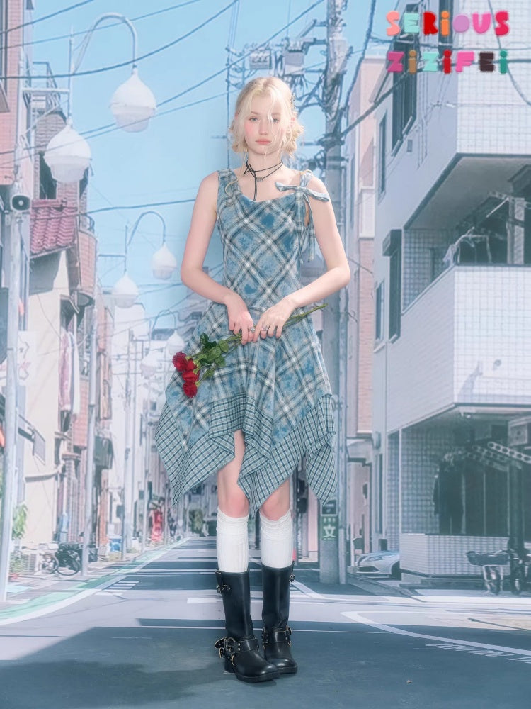 Irregular Waist Slimming Plaid Camisole Dress【s0000016325】