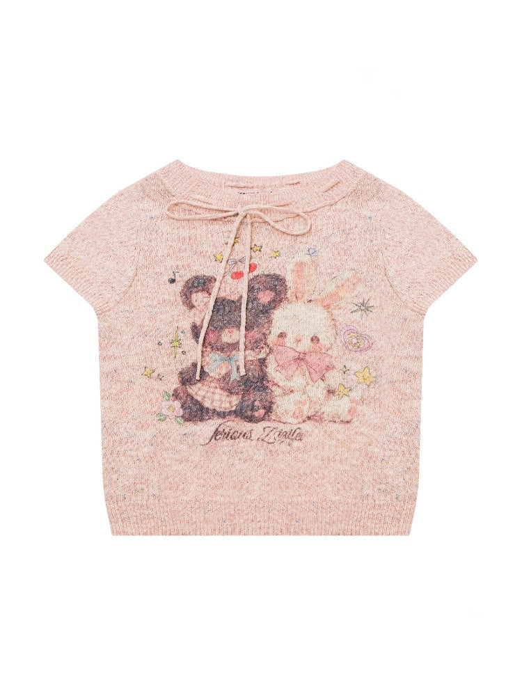 Bear Rabbit Print Strap Crew Neck Short Sleeve T-Shirt Pink【s0000016326】