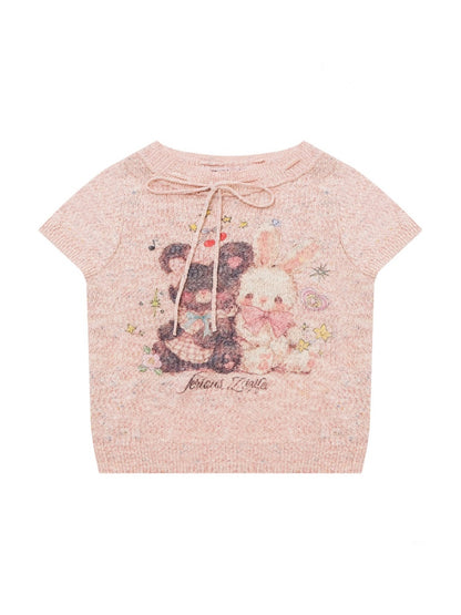 Bear Rabbit Print Strap Crew Neck Short Sleeve T-Shirt Pink【s0000016326】
