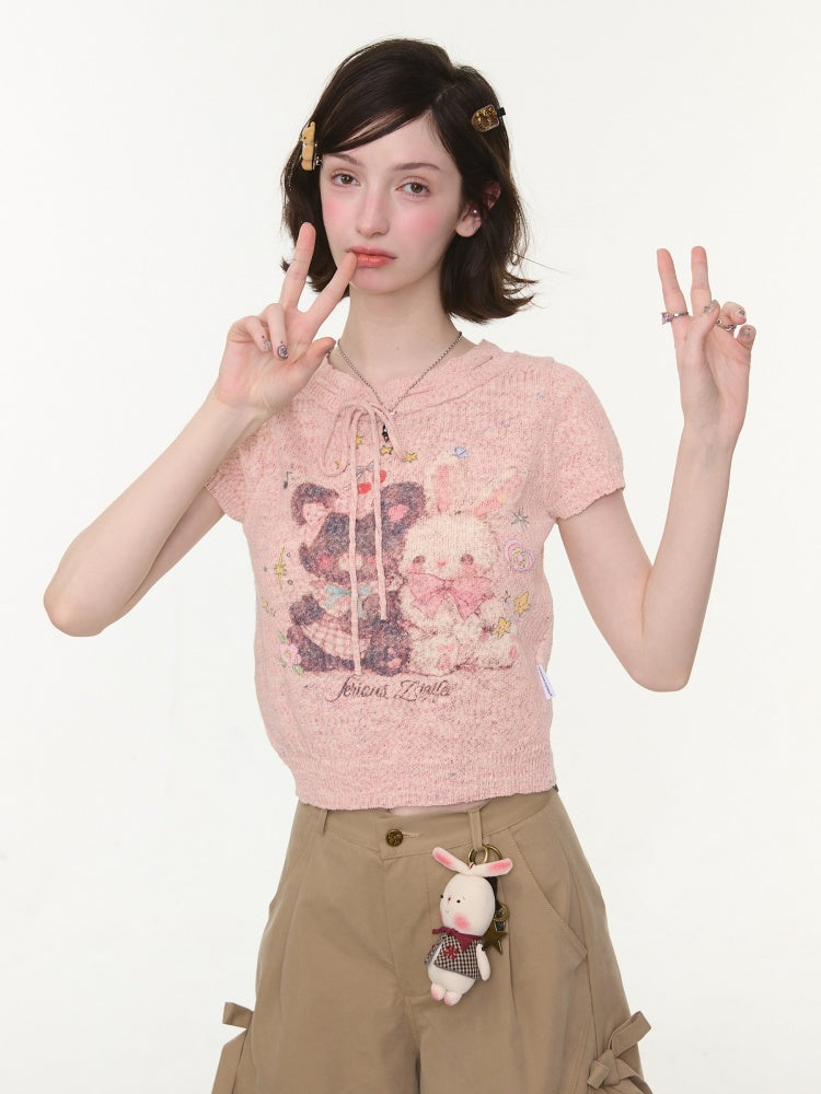 Bear Rabbit Print Strap Crew Neck Short Sleeve T-Shirt Pink【s0000016326】