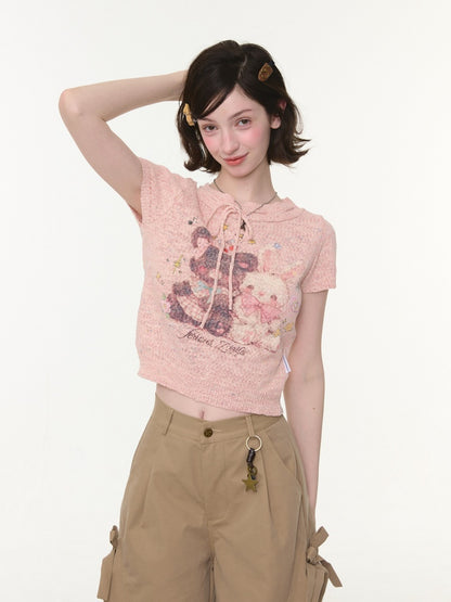 Bear Rabbit Print Strap Crew Neck Short Sleeve T-Shirt Pink【s0000016326】
