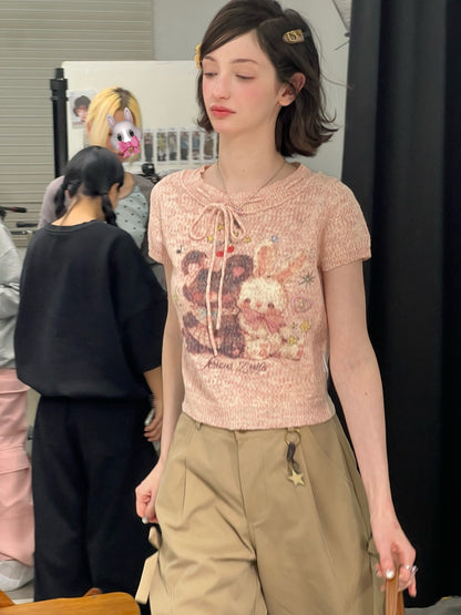 Bear Rabbit Print Strap Crew Neck Short Sleeve T-Shirt Pink【s0000016326】