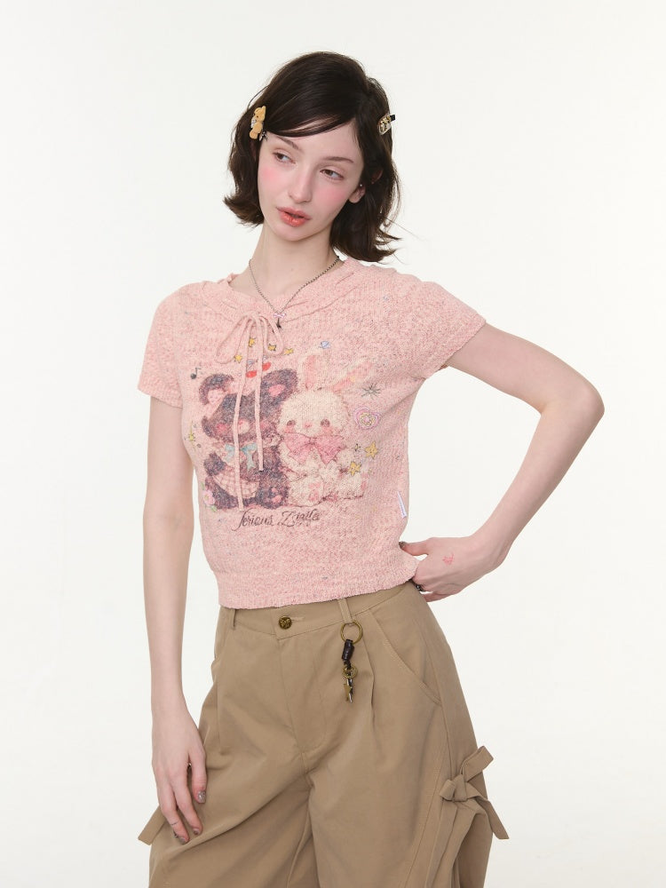 Bear Rabbit Print Strap Crew Neck Short Sleeve T-Shirt Pink【s0000016326】