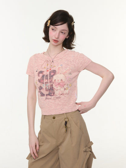 Bear Rabbit Print Strap Crew Neck Short Sleeve T-Shirt Pink【s0000016326】