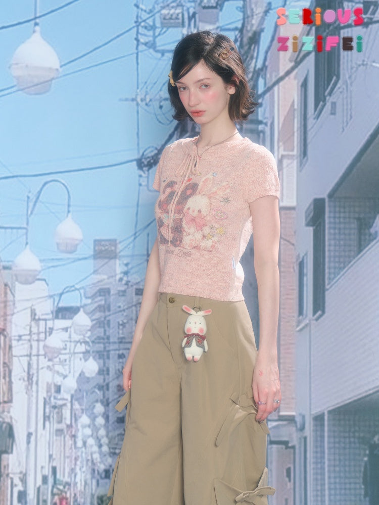 Bear Rabbit Print Strap Crew Neck Short Sleeve T-Shirt Pink【s0000016326】