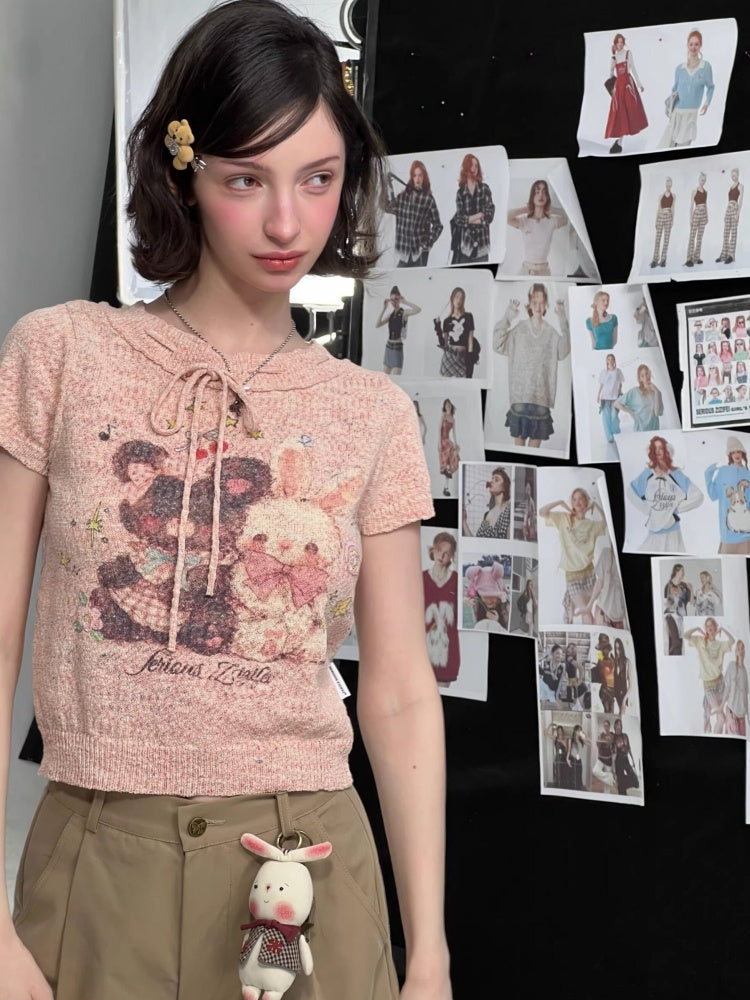 Bear Rabbit Print Strap Crew Neck Short Sleeve T-Shirt Pink【s0000016326】
