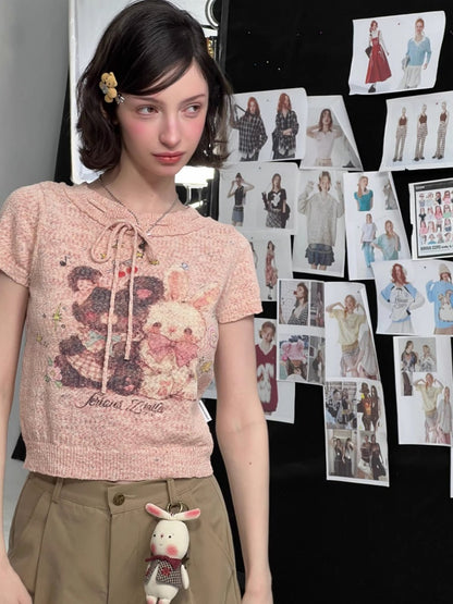 Bear Rabbit Print Strap Crew Neck Short Sleeve T-Shirt Pink【s0000016326】