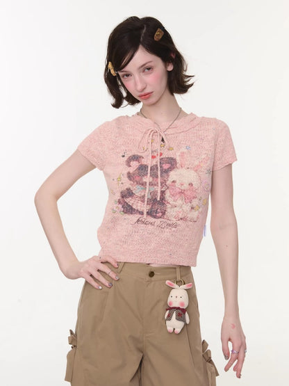 Bear Rabbit Print Strap Crew Neck Short Sleeve T-Shirt Pink【s0000016326】