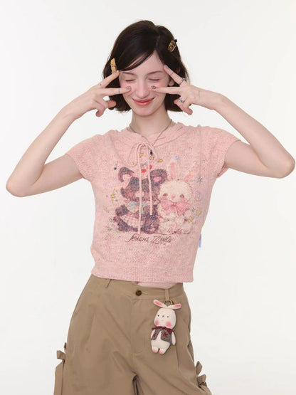 Bear Rabbit Print Strap Crew Neck Short Sleeve T-Shirt Pink【s0000016326】