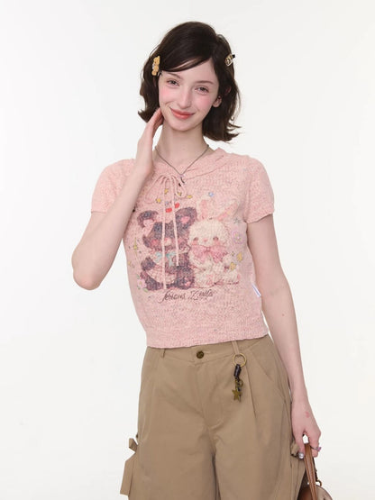 Bear Rabbit Print Strap Crew Neck Short Sleeve T-Shirt Pink【s0000016326】