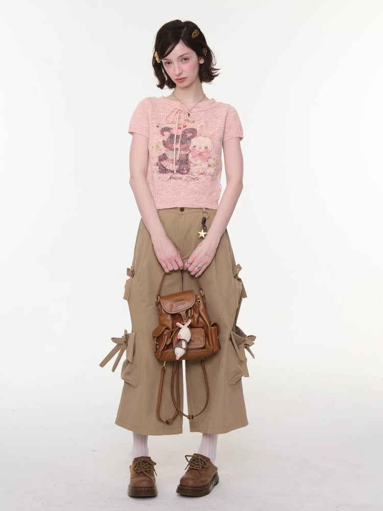 Bear Rabbit Print Strap Crew Neck Short Sleeve T-Shirt Pink【s0000016326】
